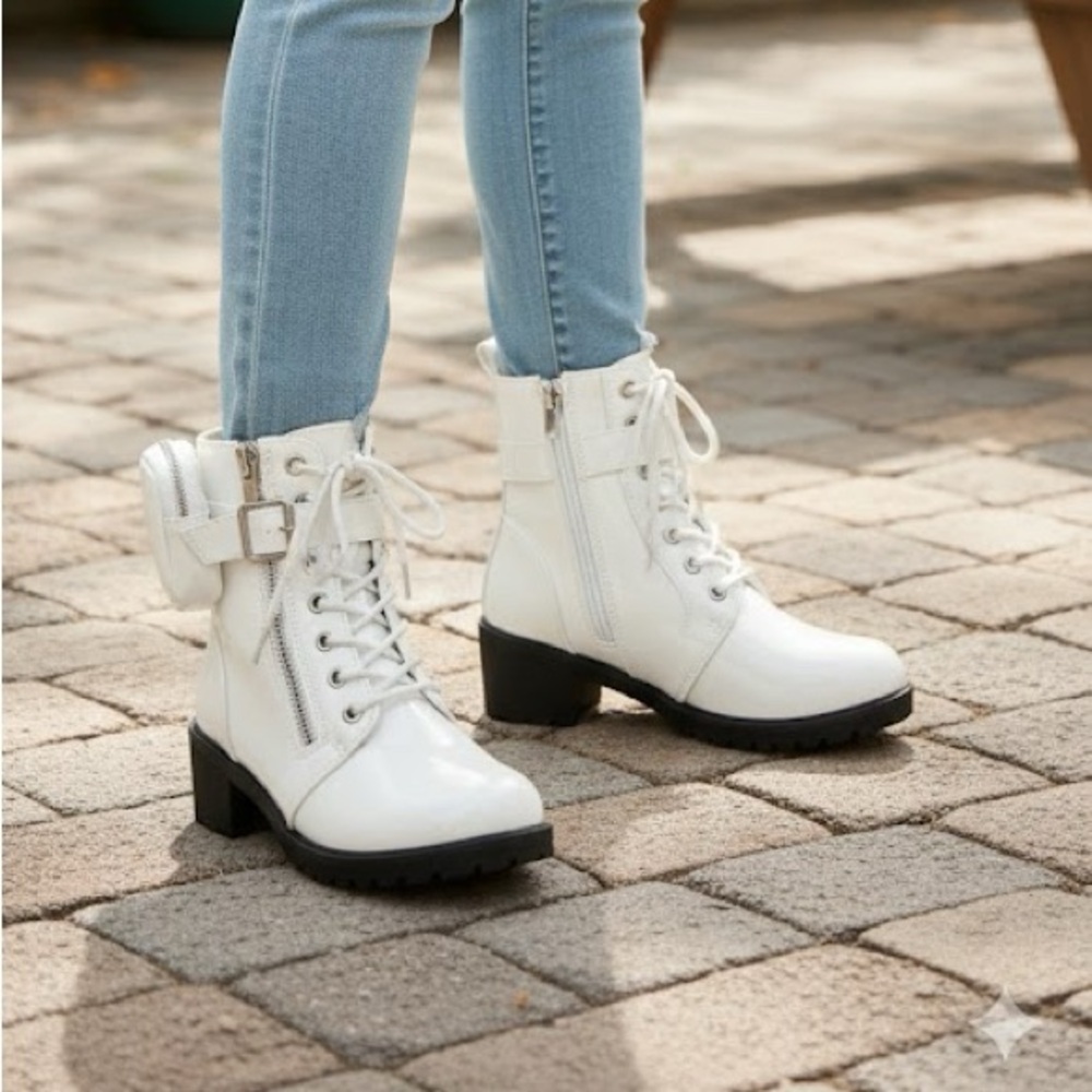 Girls White Ankle Boots with Pocket Detail